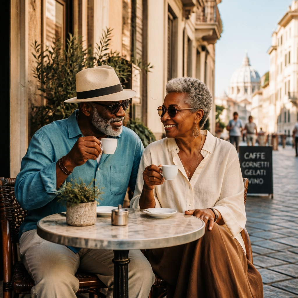 Two friends over 50 sharing espresso at a Roman café