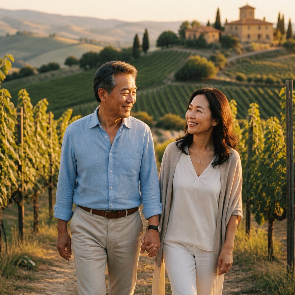 A couple walking through a Tuscan vineyard at golden hour