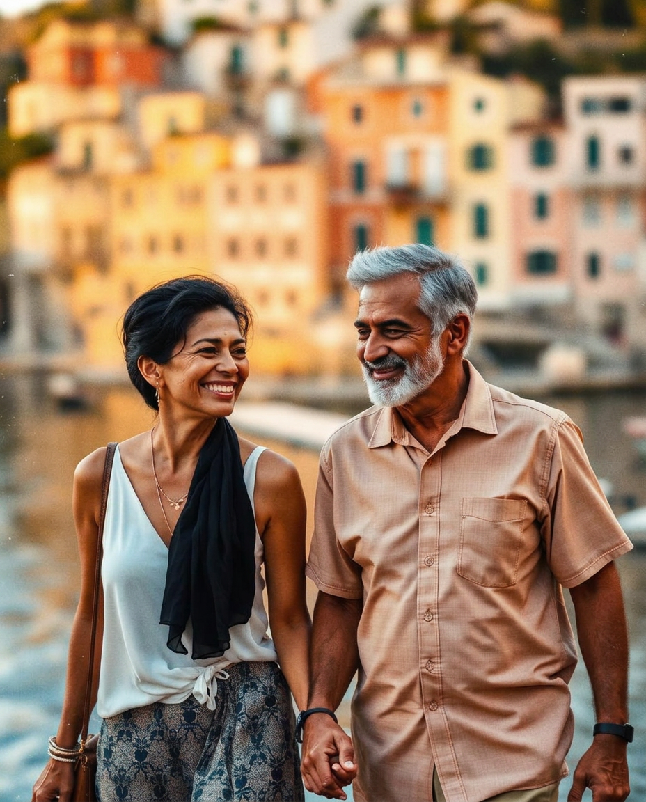 Two travelers exploring a colorful coastal village together