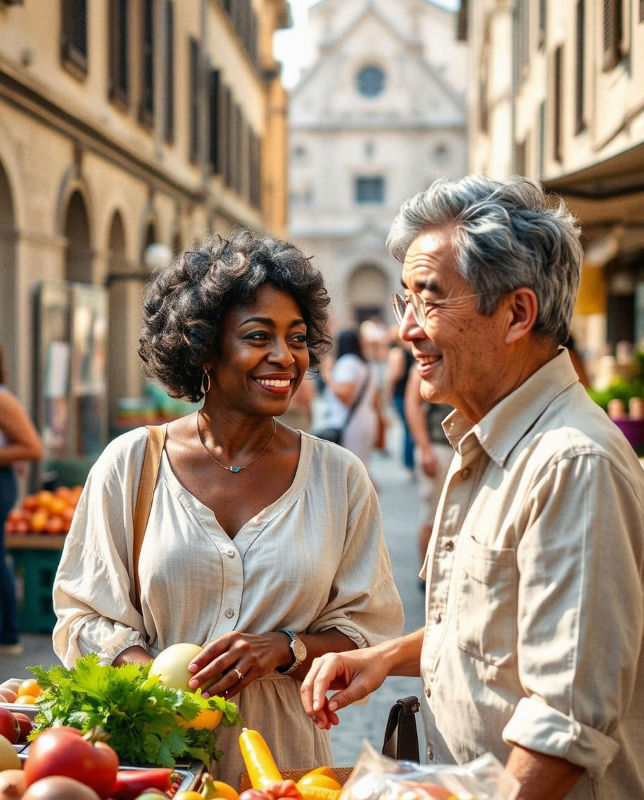 New friends browsing produce at a Florentine market